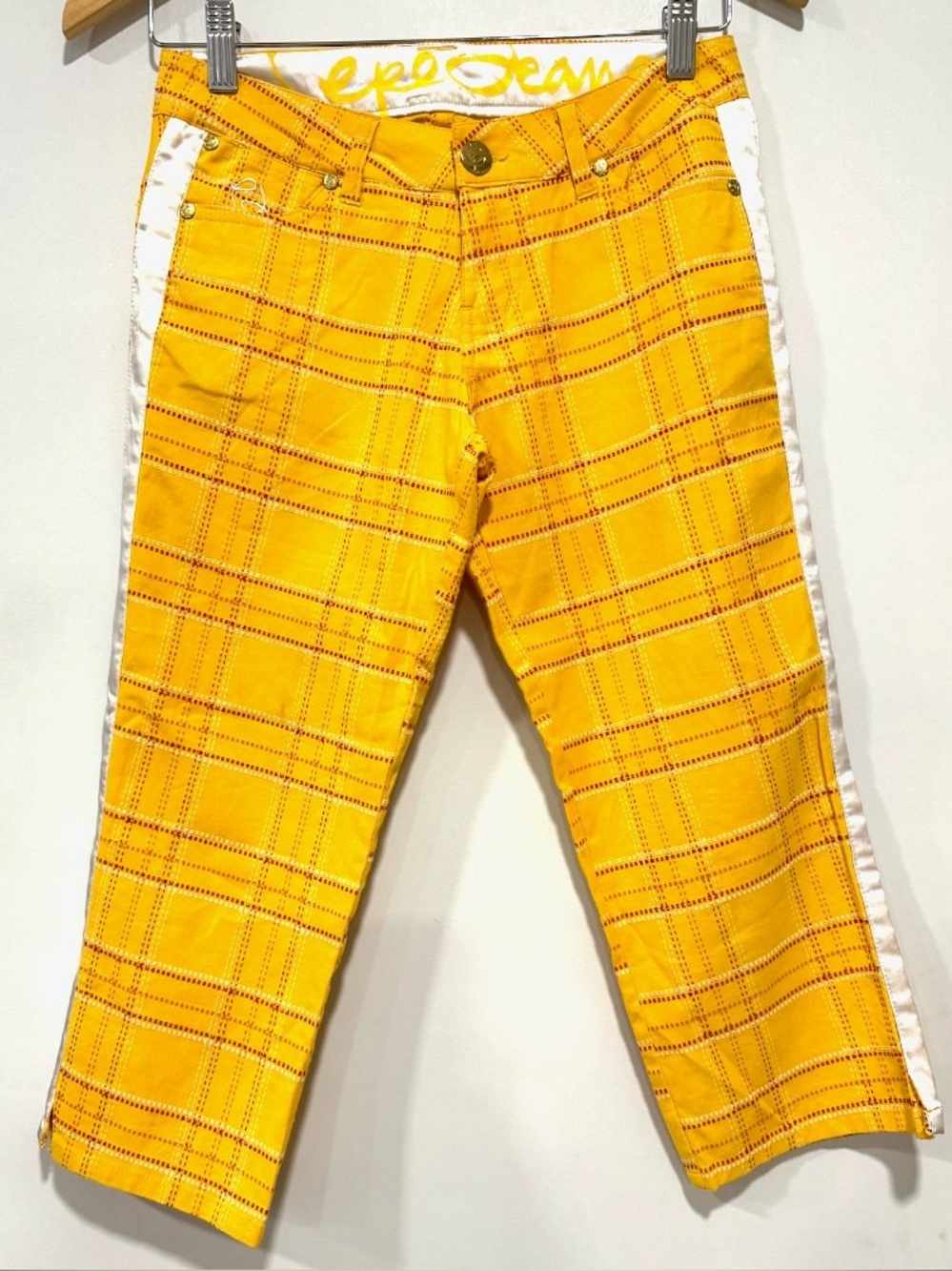 Pepe Jeans Vintage Yellow Plaid Cropped Pants with White Side Stripes Size 25